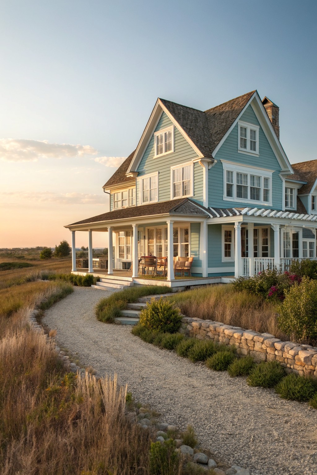 Light blue two-story house with white porch along curving gravel path at sunset
