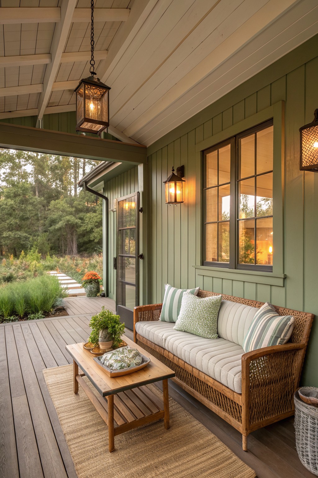 A covered porch on a green board and batten house with a woven sofa, striped pillows, wooden coffee table on a rug, and several lit lanterns.