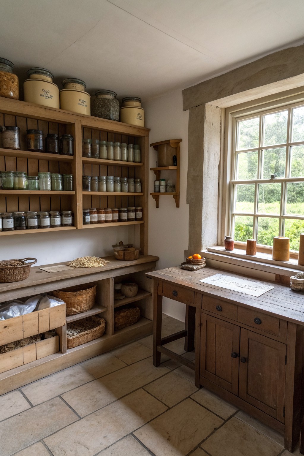 An interior view of a room with wooden built-in shelves holding rows of labeled glass jars, a wooden work table near a window, and woven baskets stored below.