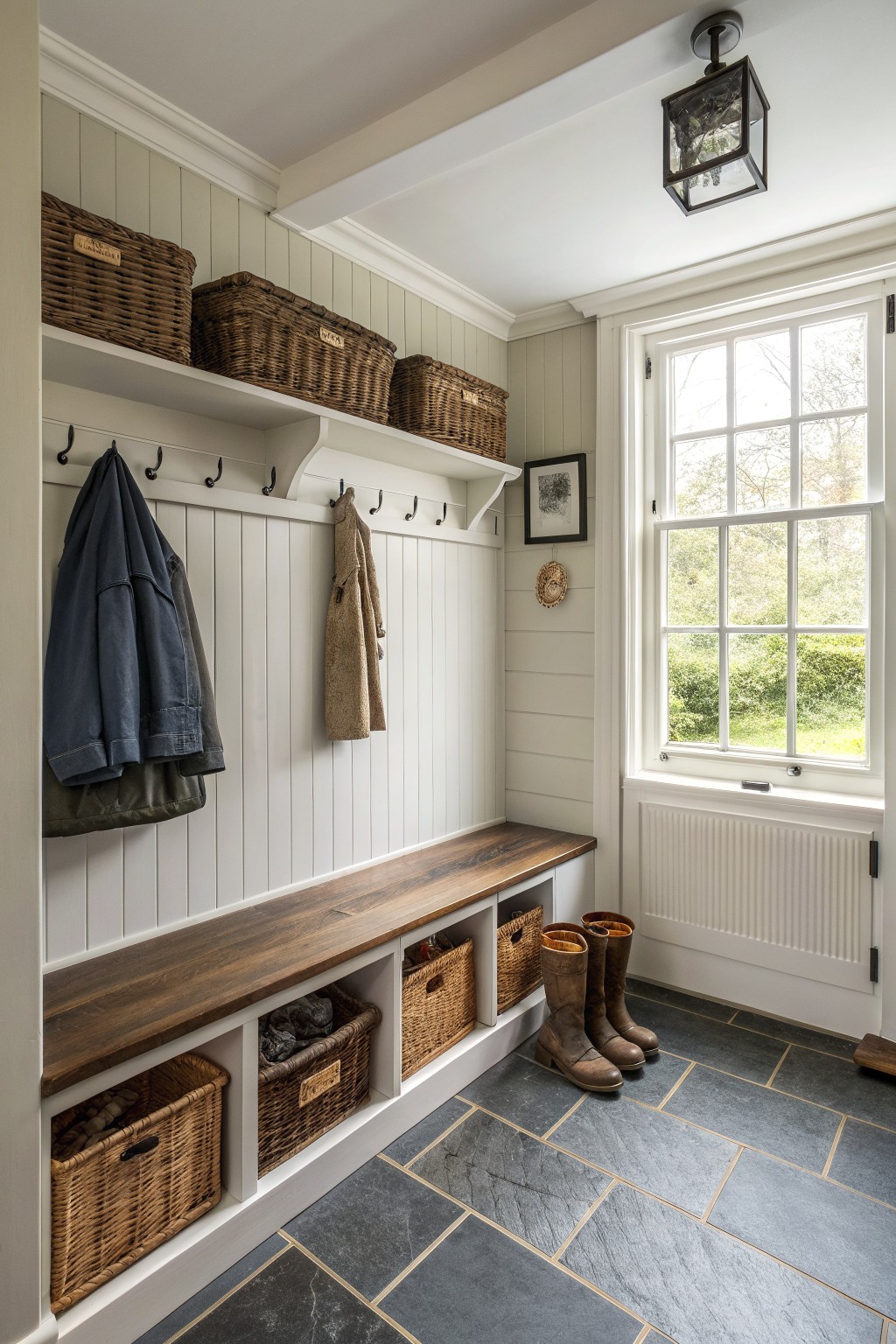 Interior view of a mudroom with white beadboard wainscoting, black hooks, a wooden bench top, open lower cubbies holding wicker baskets, and an upper shelf with more baskets beside a multi-paned window.