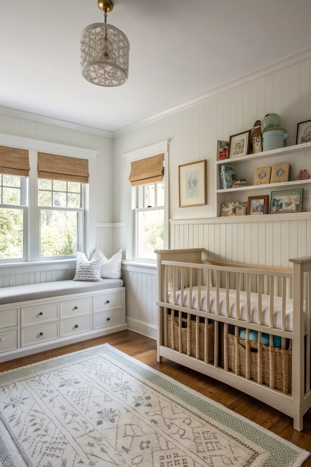 A nursery interior with a white crib, built-in window seat with storage drawers, and floating shelves above the crib.