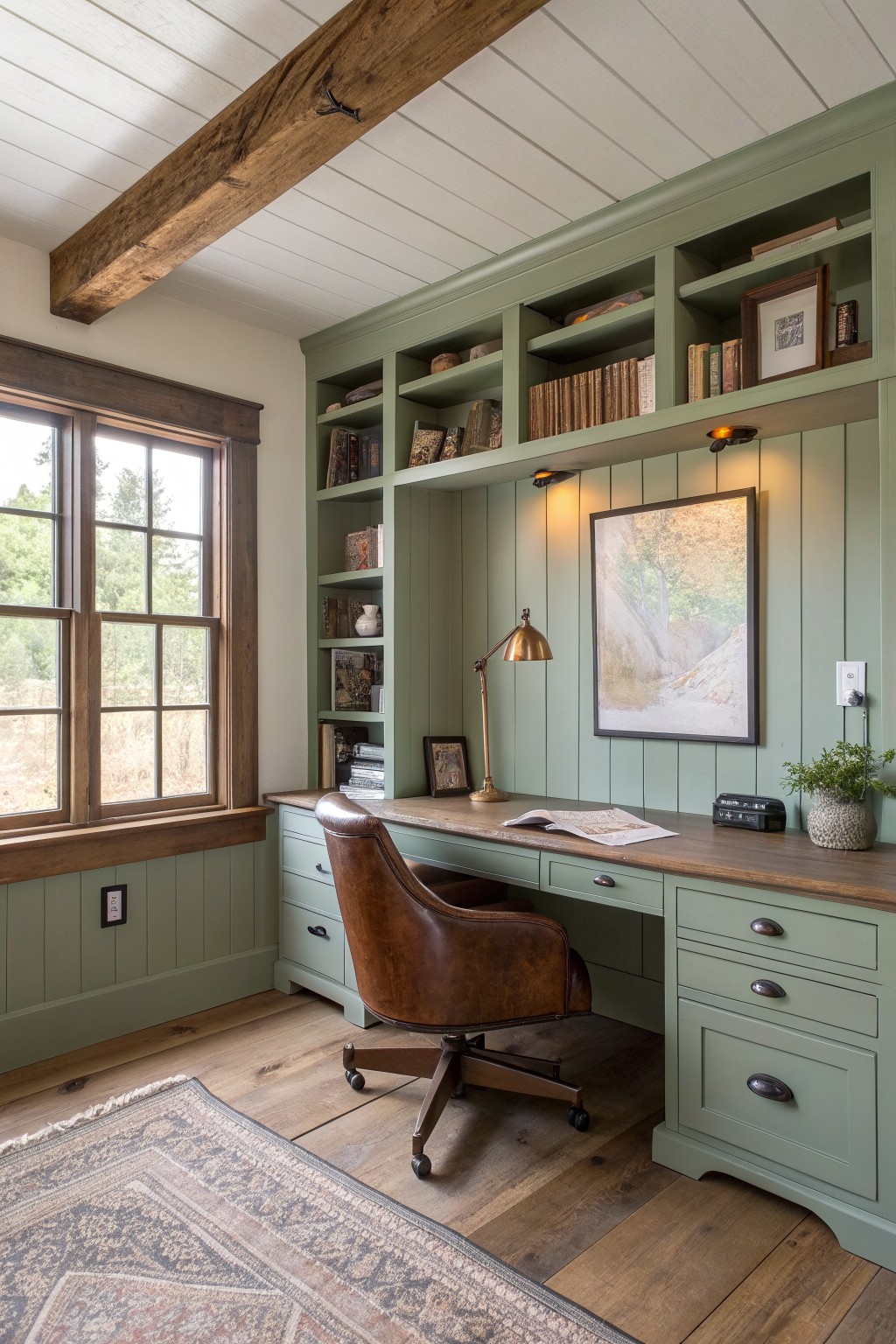 Cozy home office with sage green built-ins, wooden desk, and brown leather chair