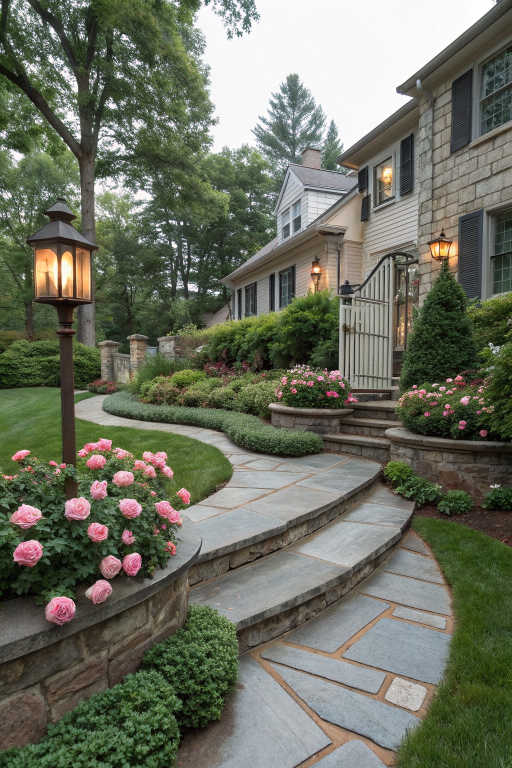 A curved flagstone path bordered by pink rose bushes leads up steps to a gated entrance of a stone and clapboard house.