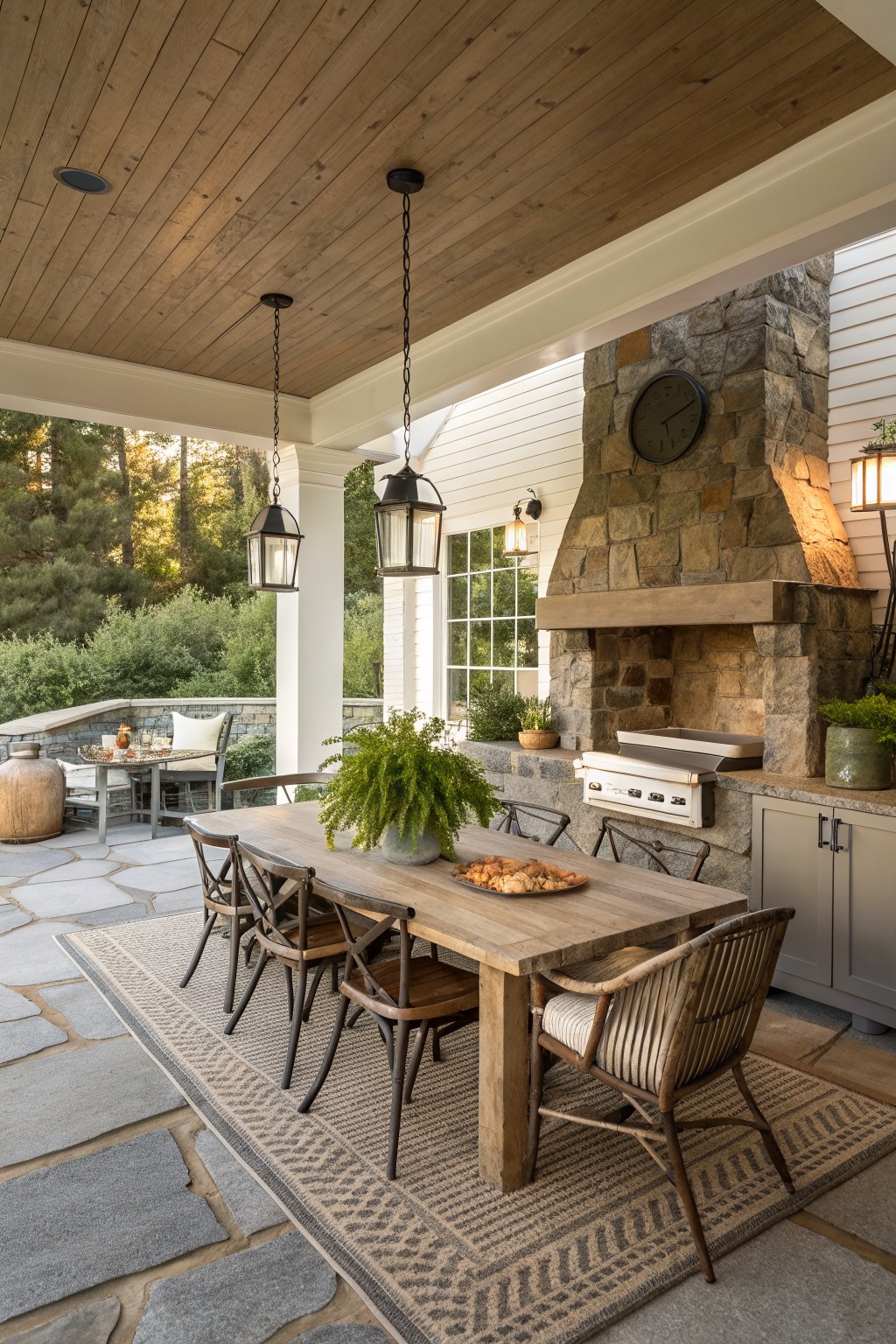 A covered outdoor porch with a long wooden dining table on a patterned rug, surrounded by wooden chairs, beneath hanging lanterns and next to a large stone fireplace with a built-in grill.