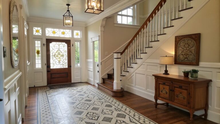 19 Smart Victorian Farmhouse Restoration Ideas Focused on Preserving Original Details An interior view of a home entryway showing a wooden double door with stained glass above it, a staircase with white balusters, patterned tile flooring, and a wooden console table on the right.