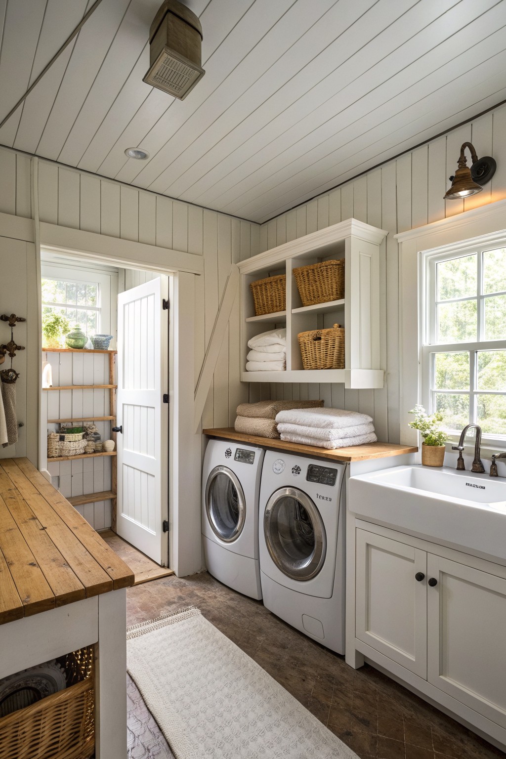 Bright white laundry room with two front-load washers, wooden counters, sink, and baskets