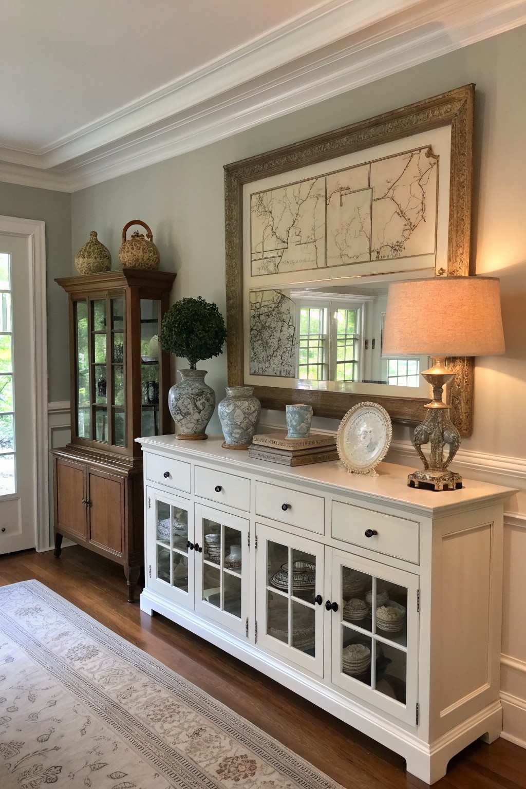 A long white sideboard with glass doors next to a wooden display cabinet, both placed under large framed maps on a light blue wall.