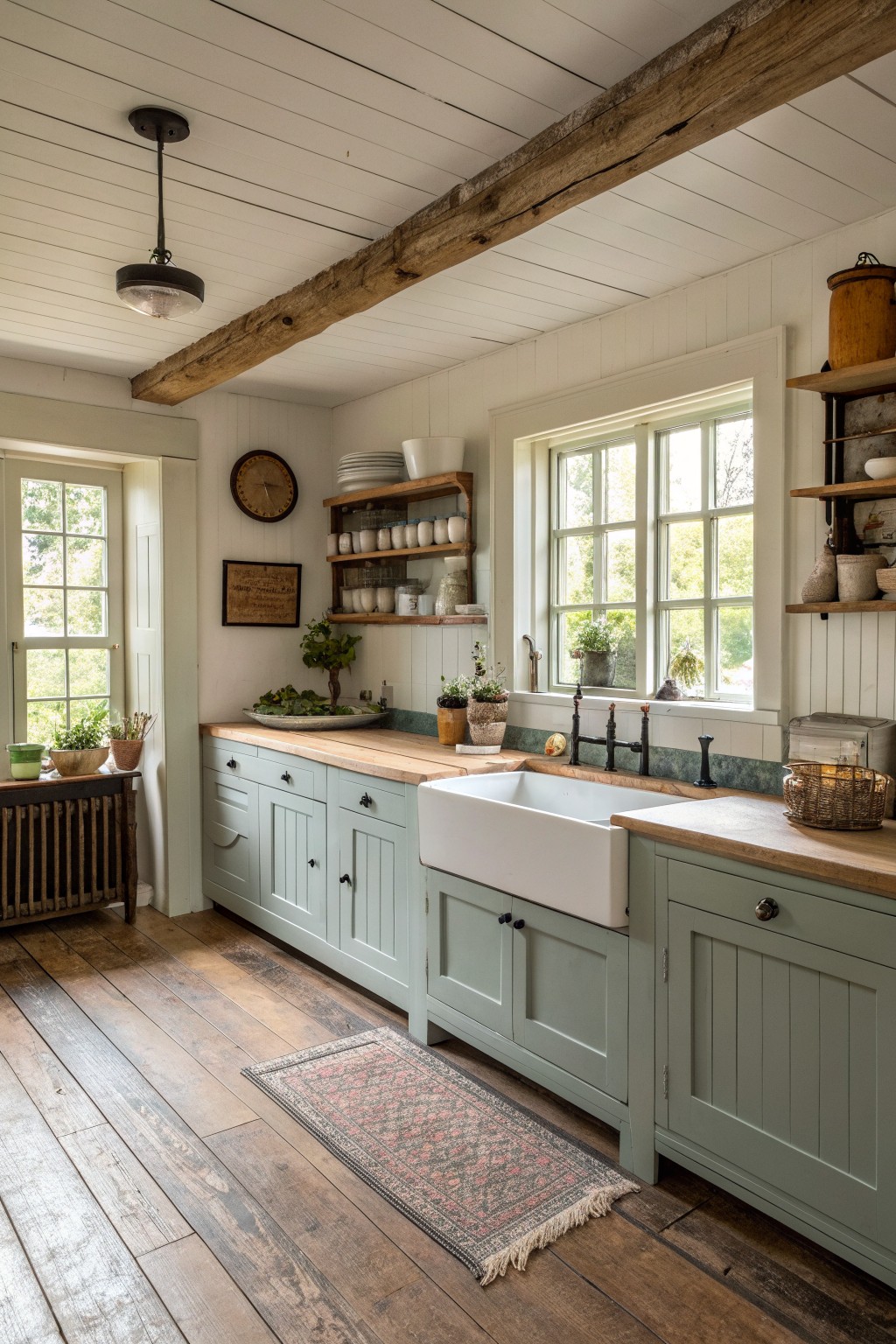Rustic kitchen with sage green cabinets, white farmhouse sink, wooden beams and shelves.