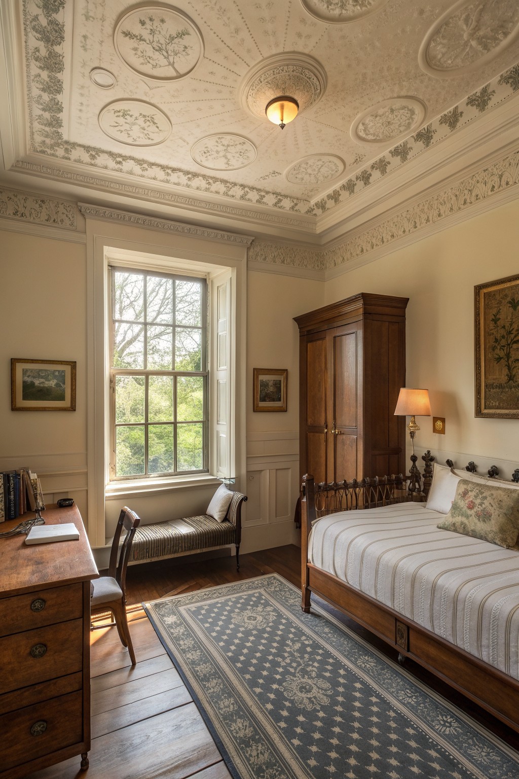 A bedroom interior showing an ornate plaster ceiling with circular medallions, a wooden bed, a window seat, and a wooden wardrobe.