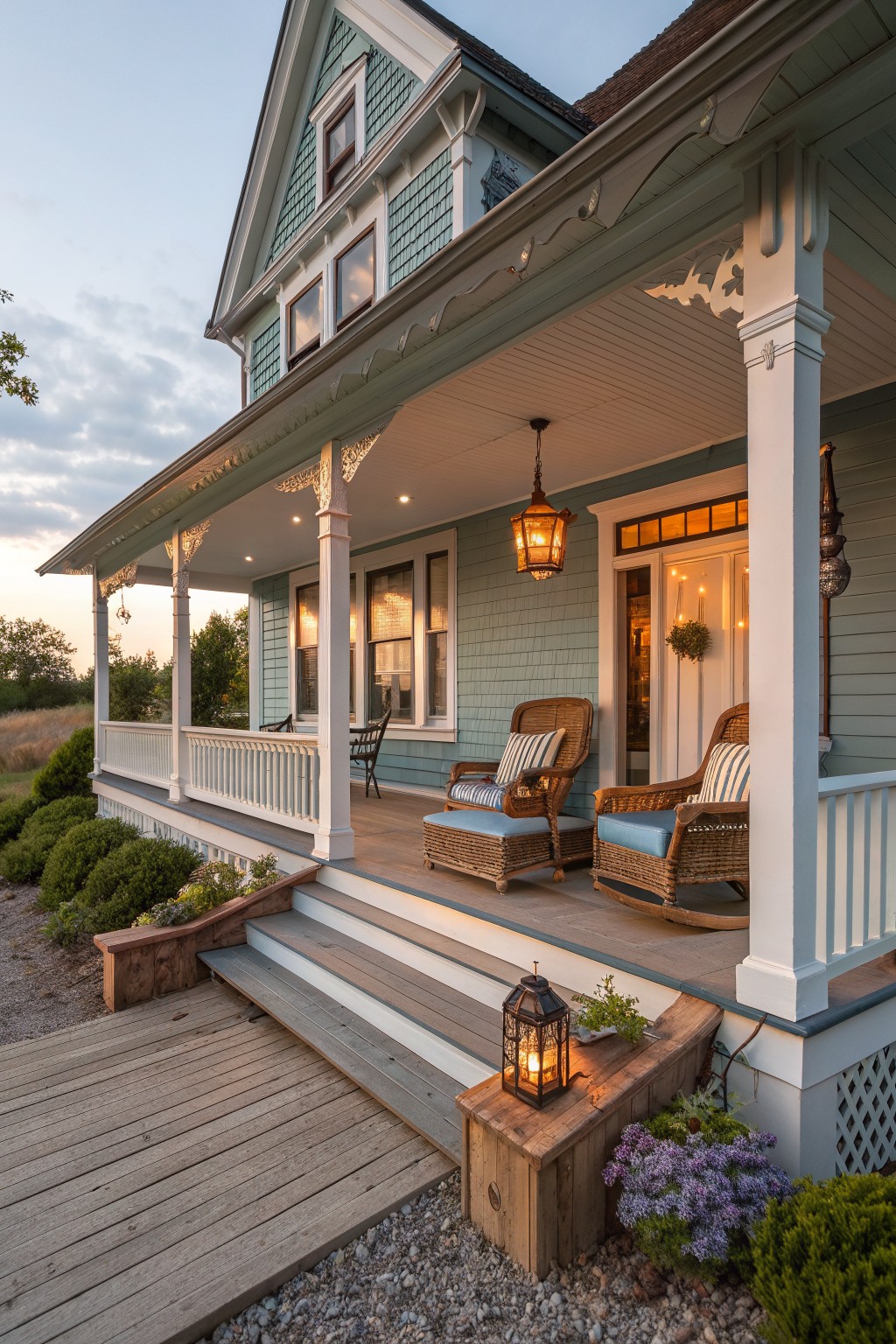 A light blue Victorian farmhouse with white turned porch columns, decorative brackets, wicker rocking chairs, and a lit lantern on the steps at dusk.