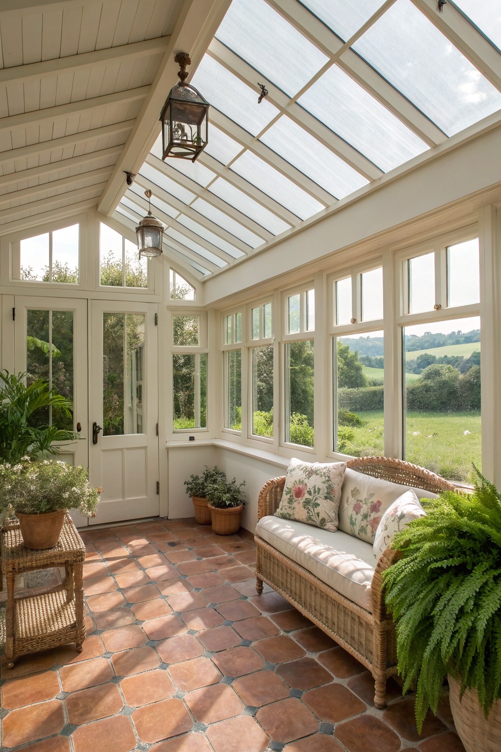 Interior view of a sunroom with terracotta tile floor, white-framed windows and doors, a glass ceiling, wicker sofa, and several potted plants.