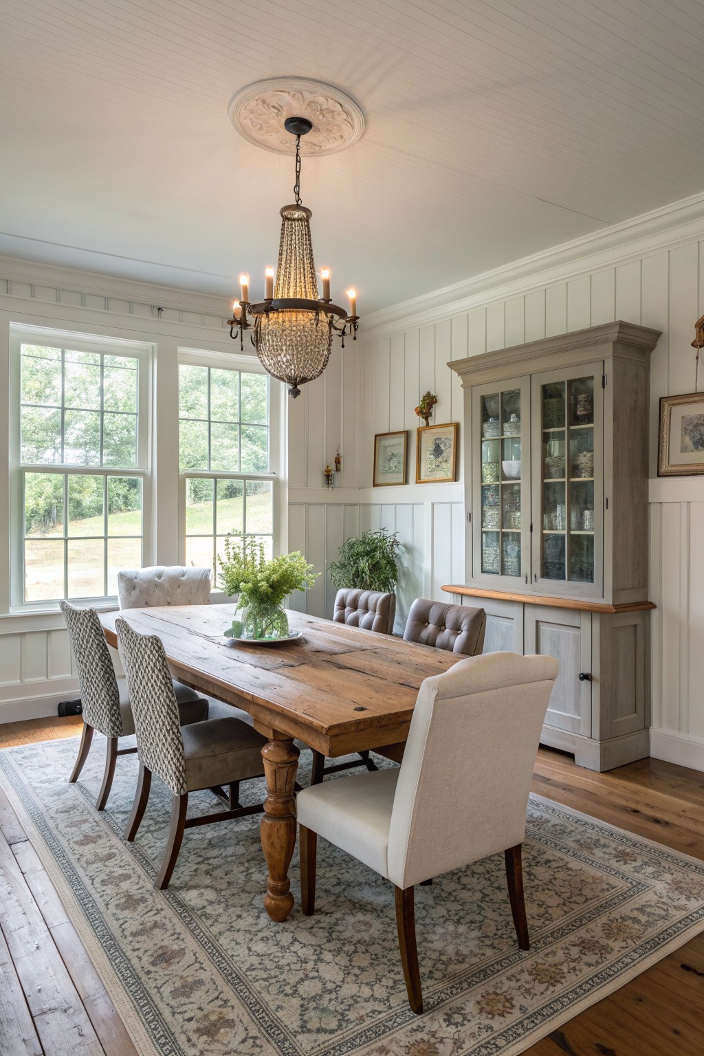 A dining room interior with white wainscoting, a long wooden table, mixed upholstered chairs, and a crystal chandelier hanging from a ceiling medallion.