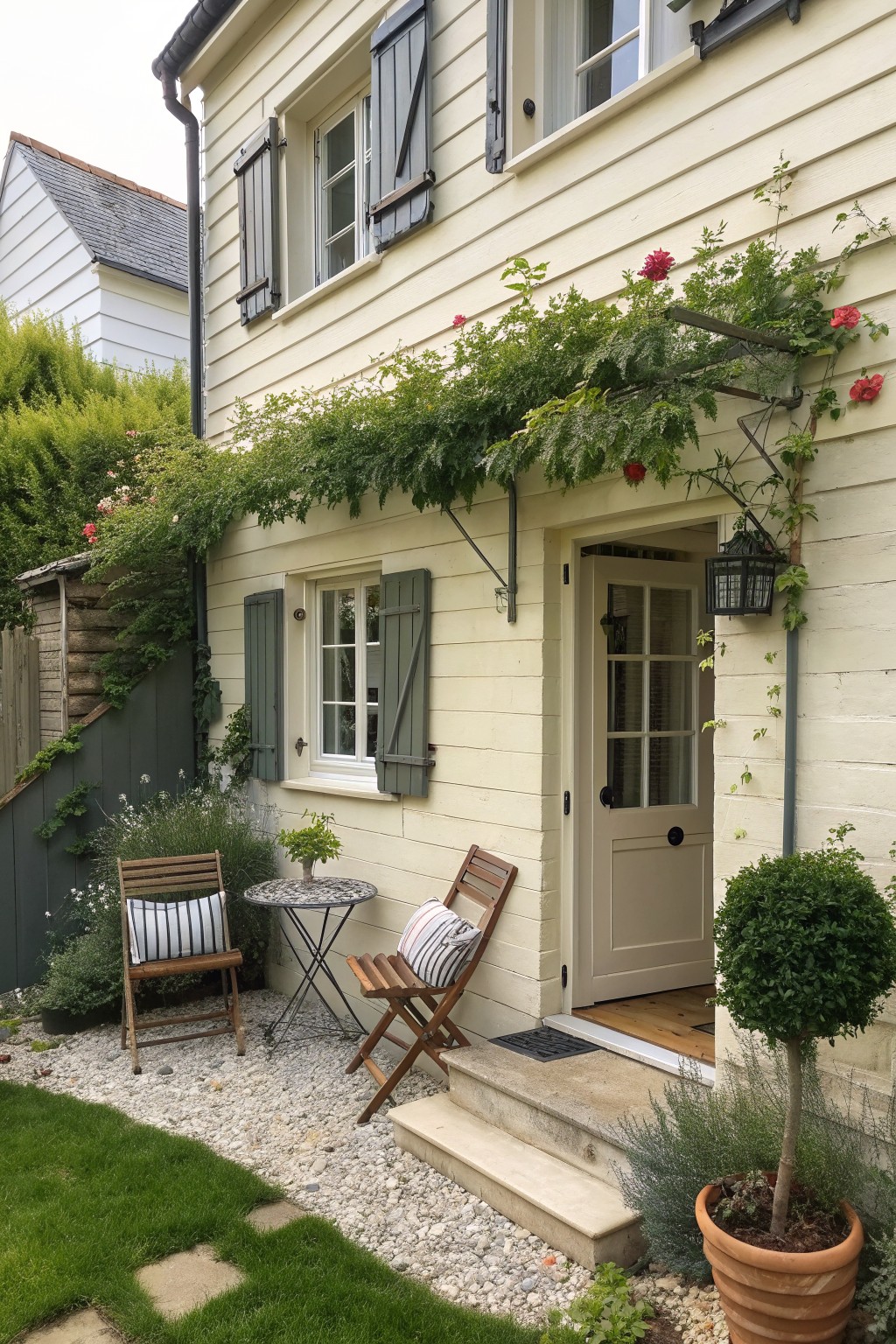 Front view of a cream Victorian farmhouse with green shutters on multiple windows, a white door, and climbing vines above the entrance.