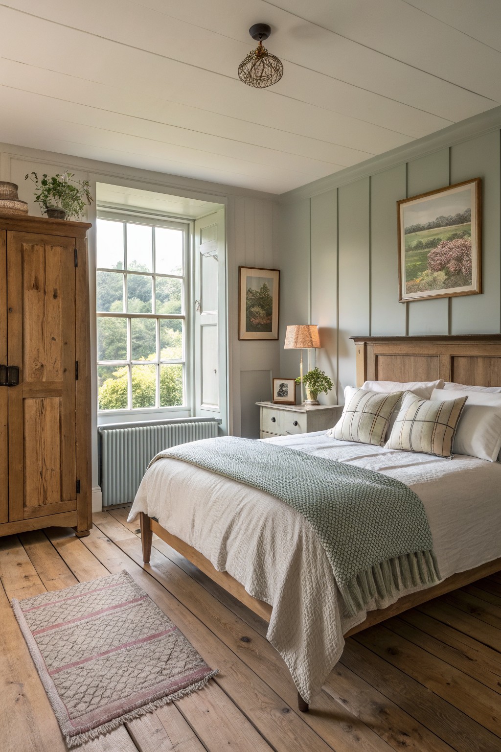 A light-filled bedroom with a wooden bed frame, white bedding, a green knitted throw, and visible wide plank wood floors next to a large window and wooden wardrobe.