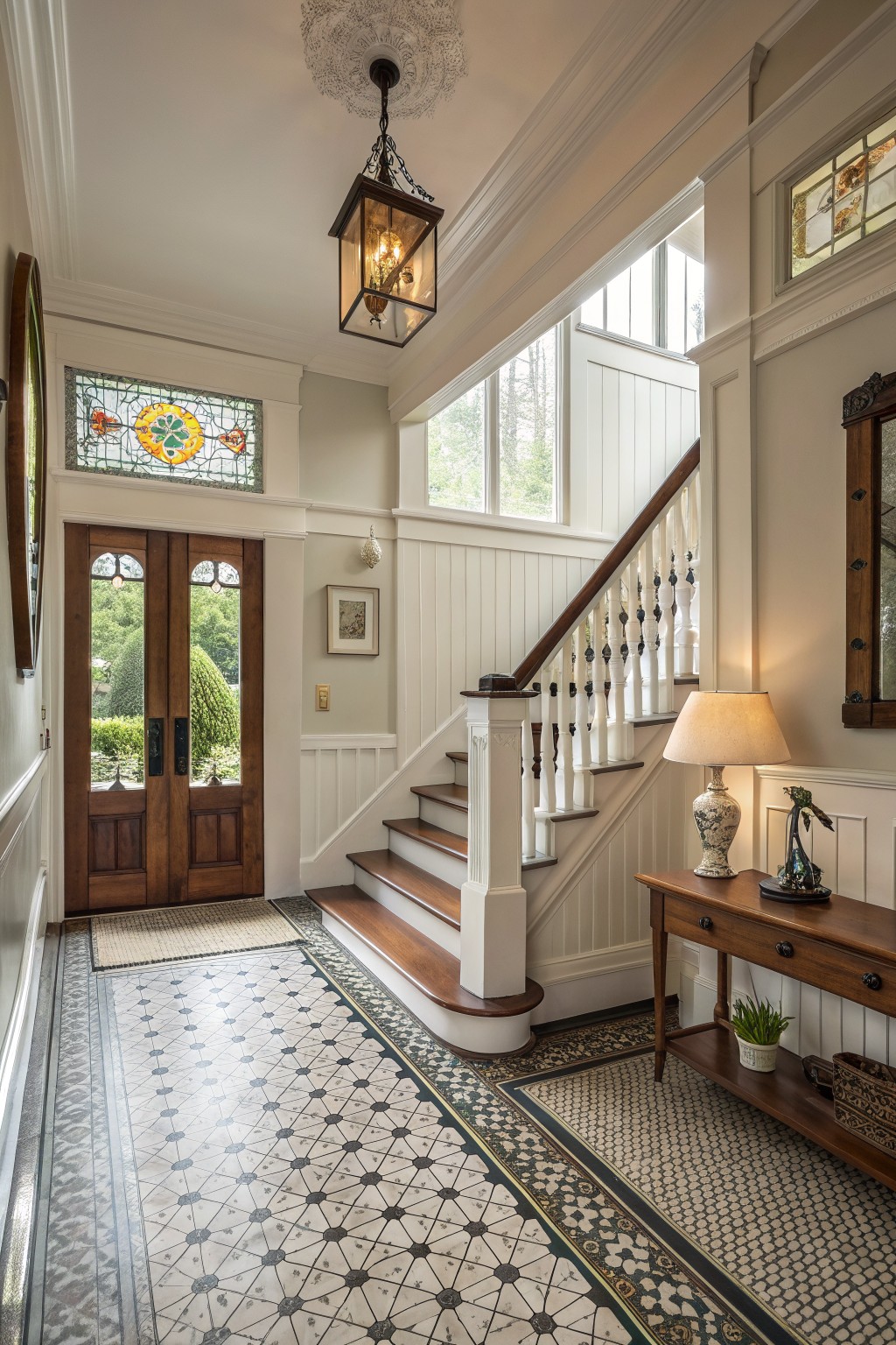 An interior view of a home entryway showing a wooden double door with stained glass above it, a staircase with white balusters, patterned tile flooring, and a wooden console table on the right.