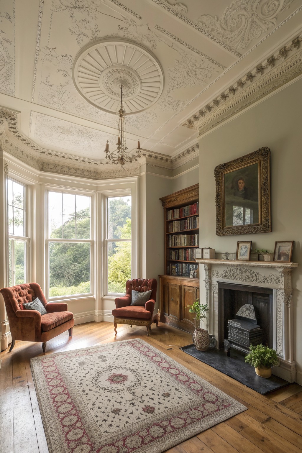 A bright Victorian living room with an ornate plaster ceiling medallion, bay windows overlooking trees, a marble fireplace, built-in bookshelves, and two red armchairs on a large patterned rug.