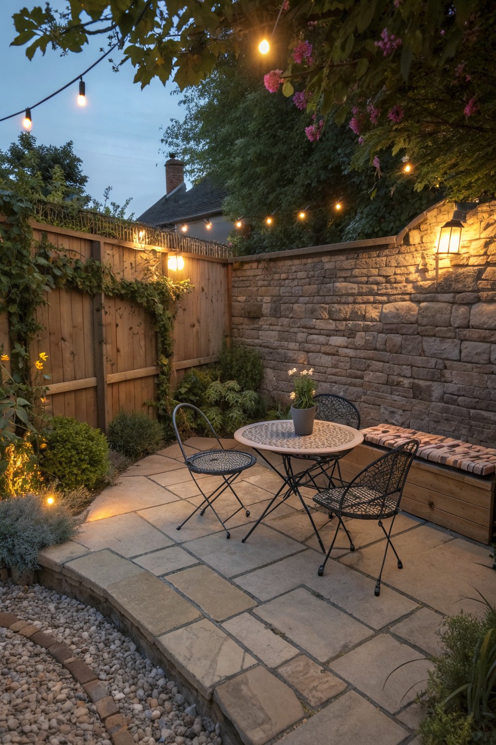 A paved patio with a round table, two metal chairs, a built-in bench against a stone wall, and string lights strung overhead at dusk.