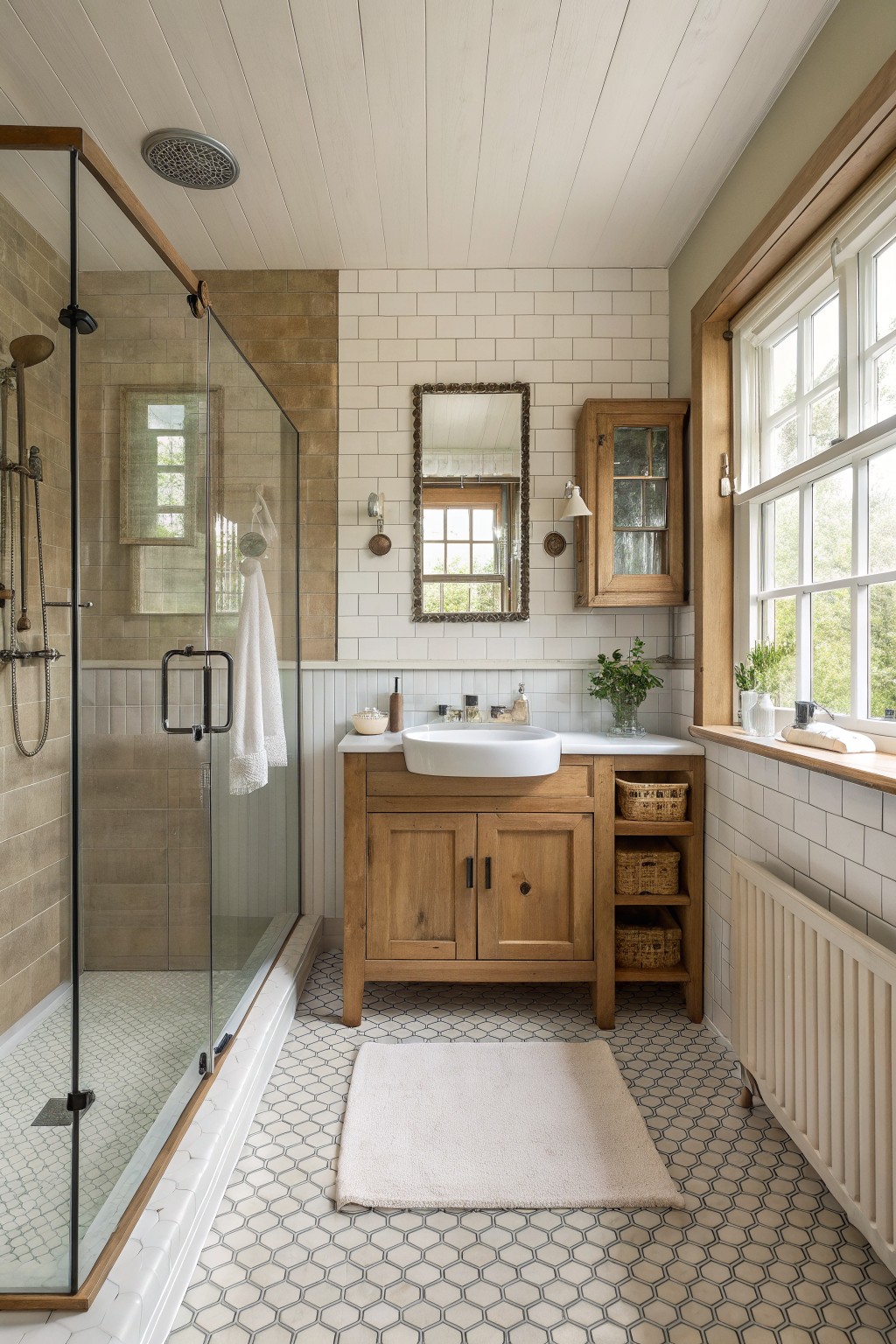 A bathroom with a wooden vanity that has open shelves holding woven baskets, white subway tile walls, and a glass shower enclosure on the left.