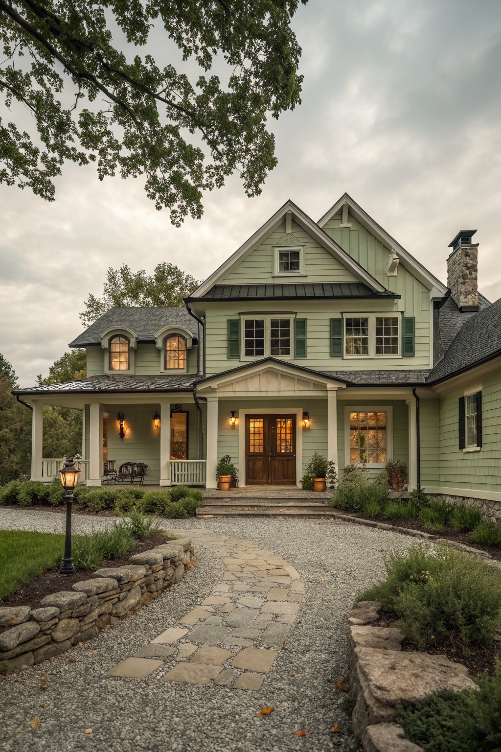 A light green two-story farmhouse exterior with a central gabled porch, double wooden doors, stone chimney on the right, and a gravel driveway leading to the steps.