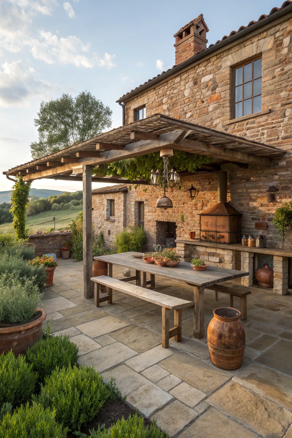 A stone farmhouse exterior with a large wooden pergola covering a paved patio that holds a long dining table, benches, and an outdoor kitchen area with terracotta pots.