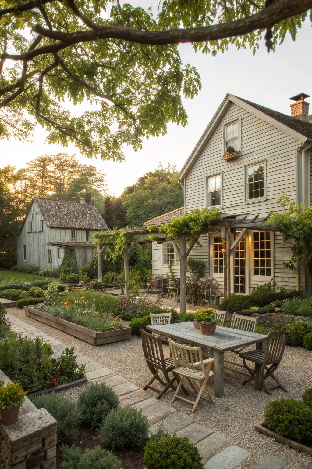 Rustic wooden dining table and chairs on gravel patio amid lush gardens and houses