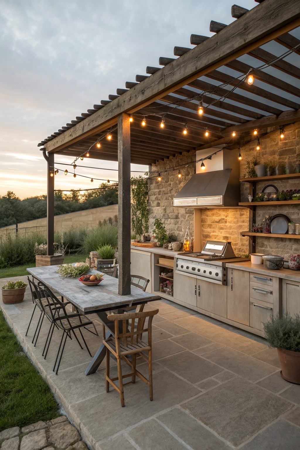 An outdoor kitchen with stainless grill and light wood cabinets sits under a wooden pergola with string lights, beside a long dining table on a stone patio.