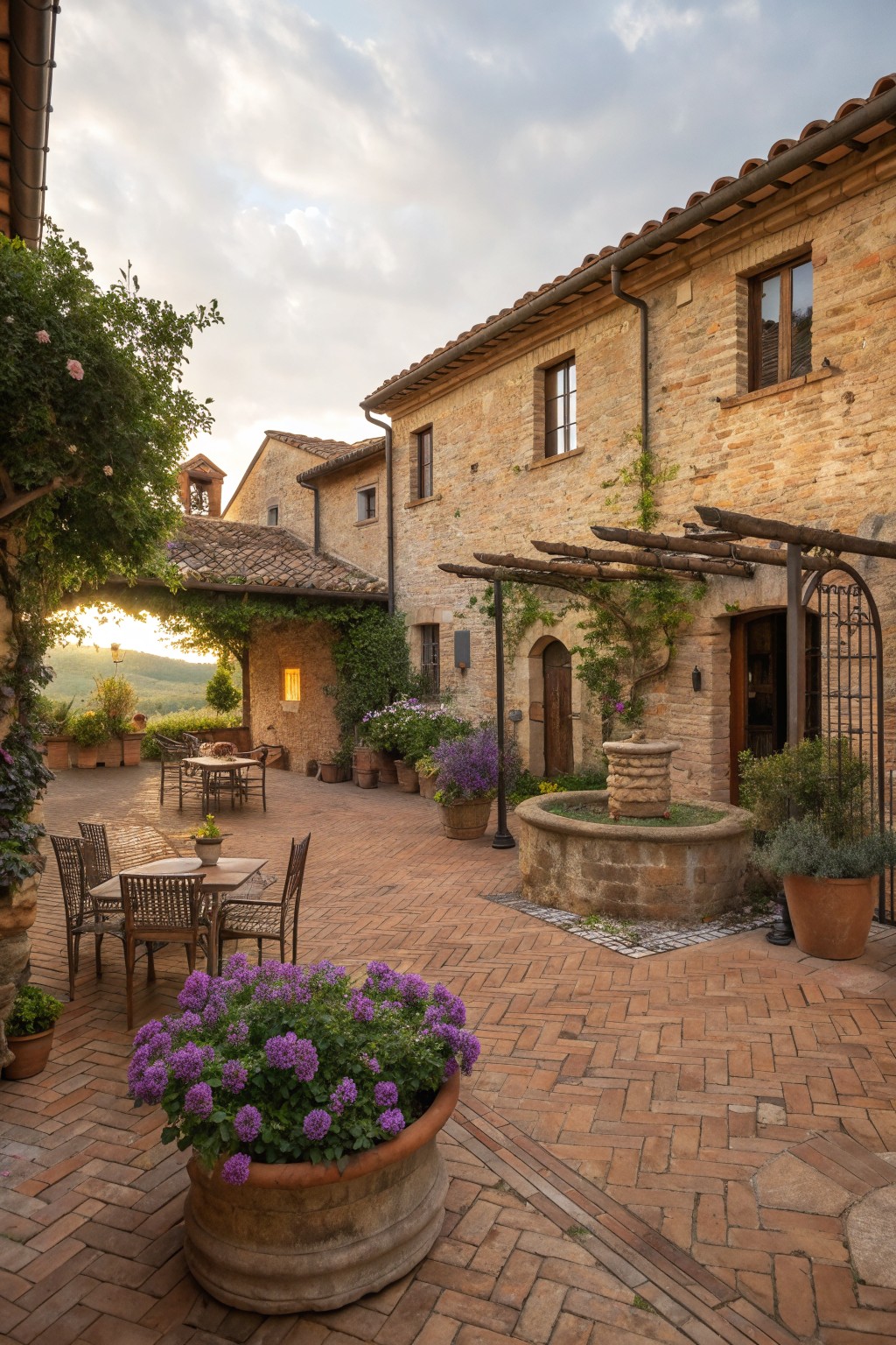 A rustic stone courtyard featuring a central fountain, potted plants with purple flowers, wooden tables and chairs on brick paving, and surrounding buildings with tiled roofs.