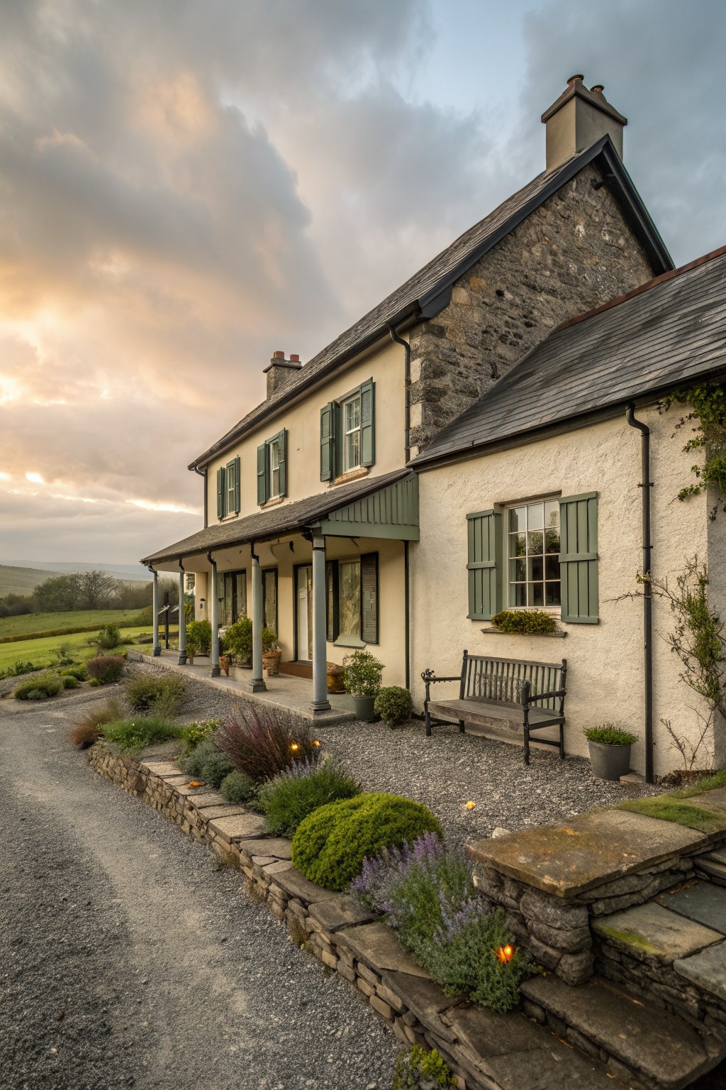 A stone and rendered farmhouse exterior with green shutters, a covered porch, a wooden bench, and a gravel forecourt edged by low stone walls and shrubs.