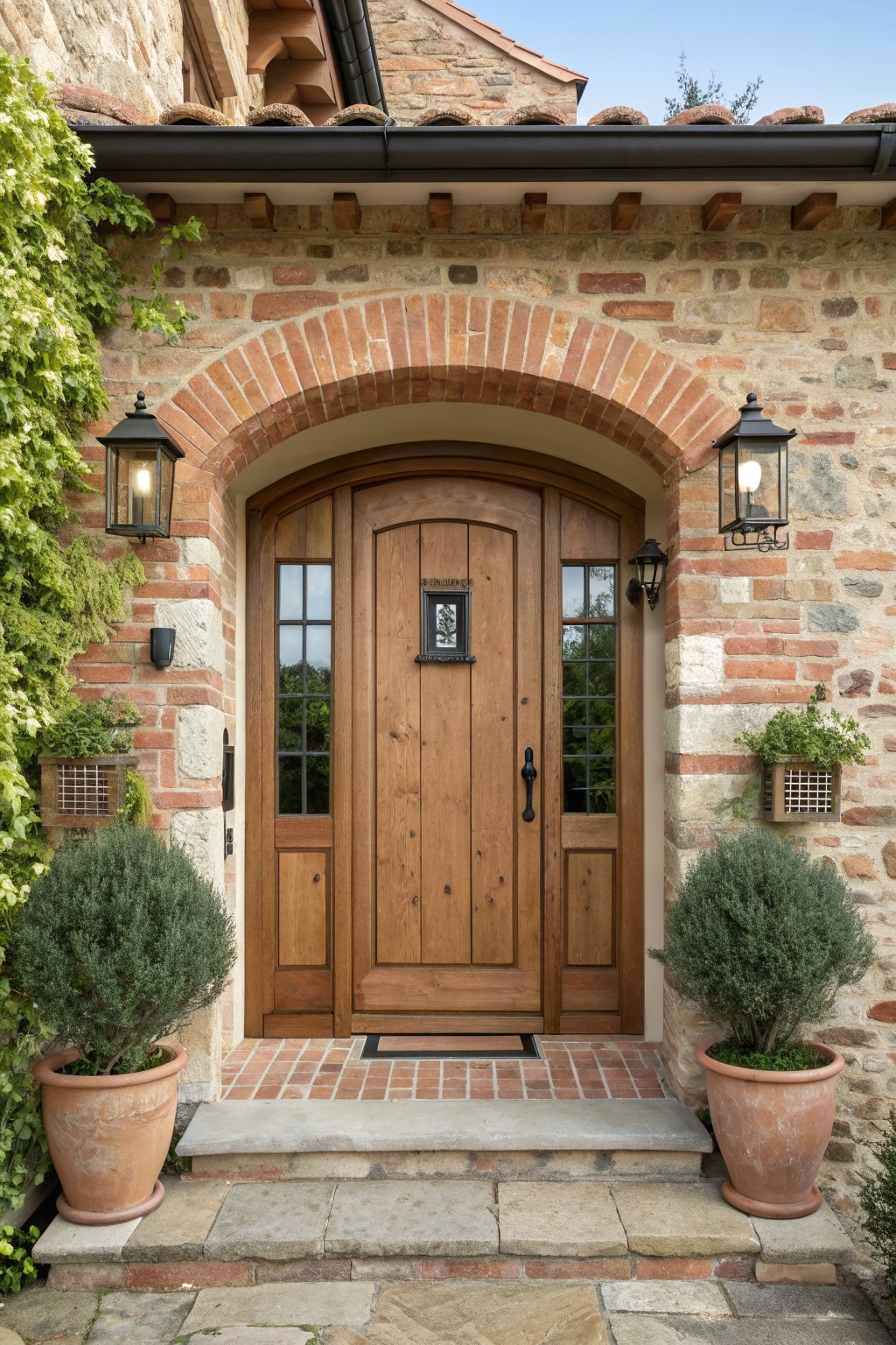 A wooden front door centered under a brick arch in a stone facade, with black lanterns on either side and potted plants at the steps.