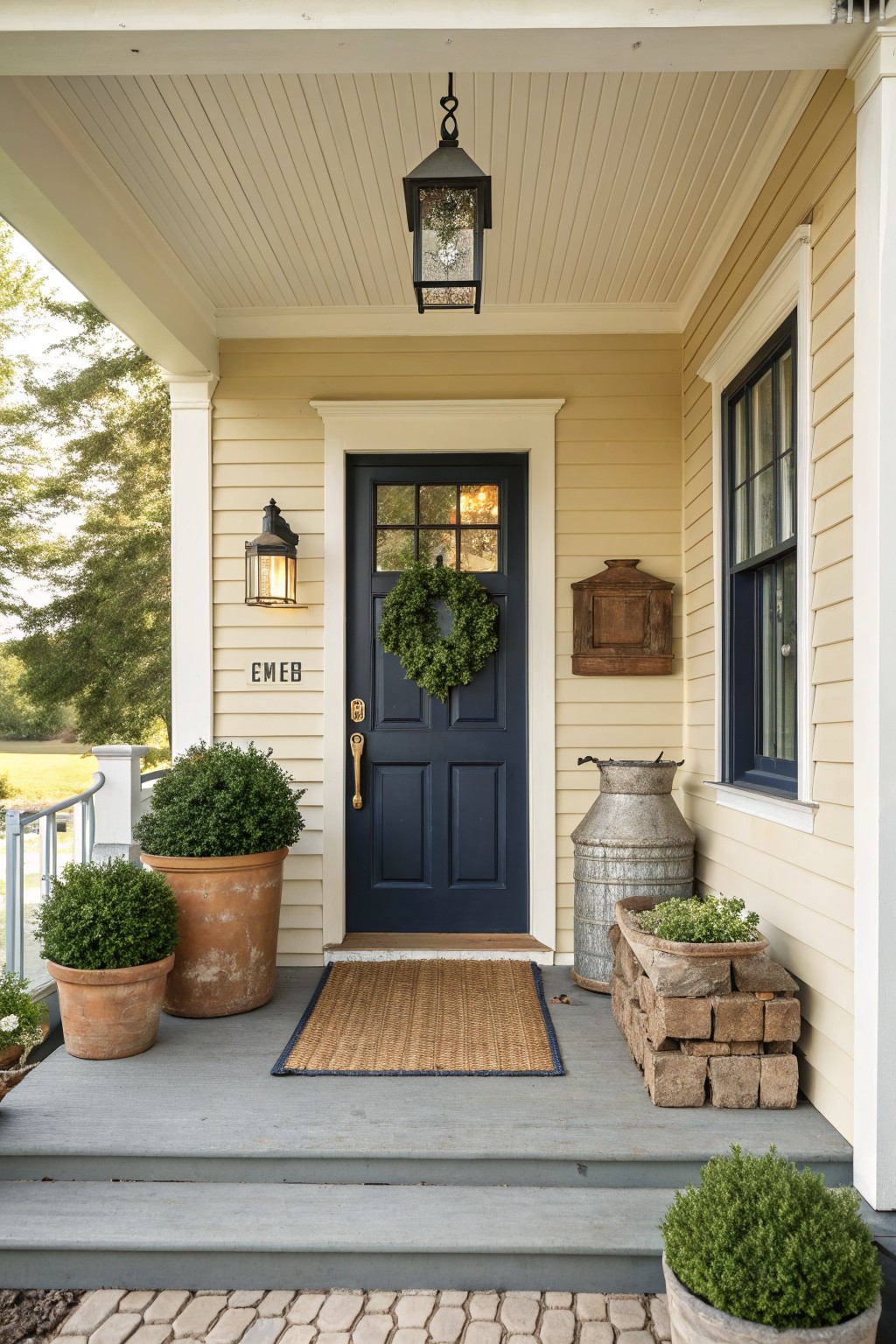 A dark blue paneled front door with a green wreath, flanked by terracotta pots and a metal milk can on a pale yellow house porch.