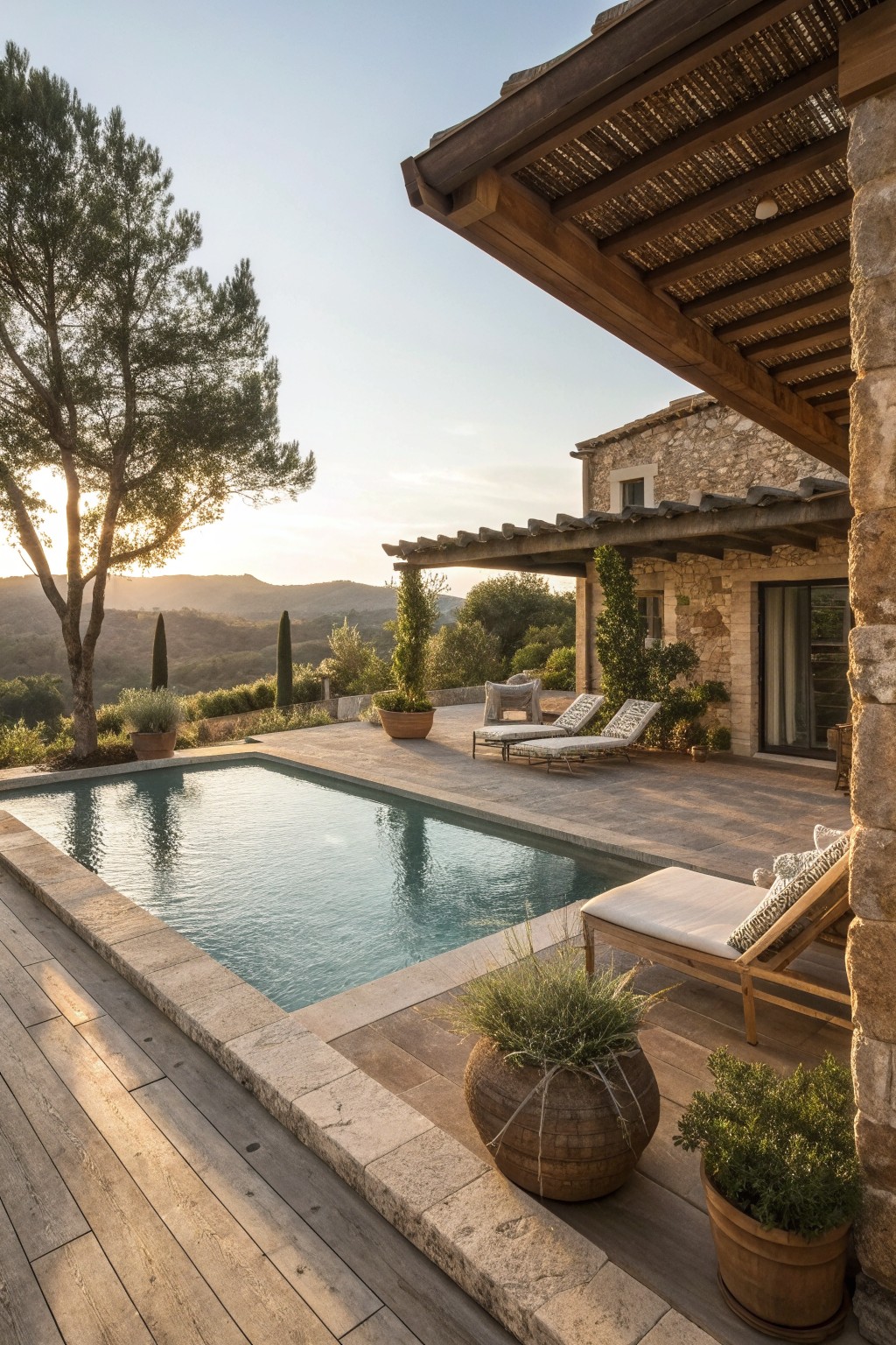 A stone farmhouse with a wooden pergola over a patio beside a rectangular pool, with lounge chairs and potted plants.