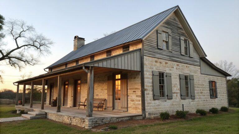 19 Vintage Rustic Farmhouse Exterior Ideas That Preserve Old-World Character A two-story farmhouse exterior with stone on the lower walls and white wood siding on the upper level, double barn doors at the entry, and a metal roof.