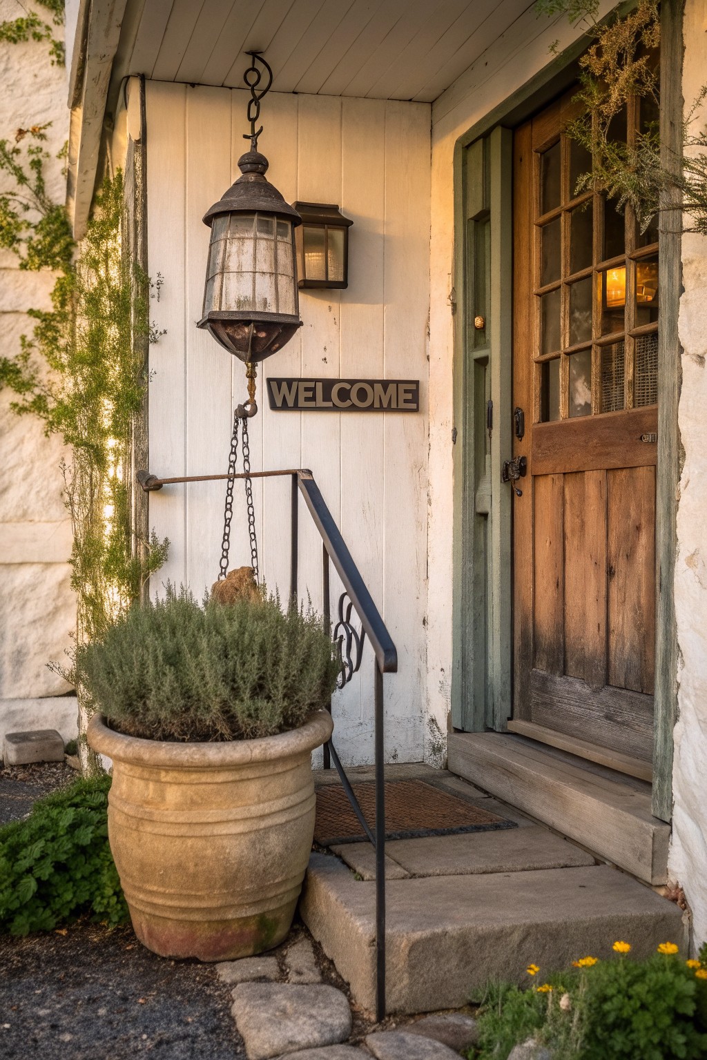 A wooden front door with green trim sits beside stone steps, a hanging metal lantern, and a large potted shrub on a house exterior.