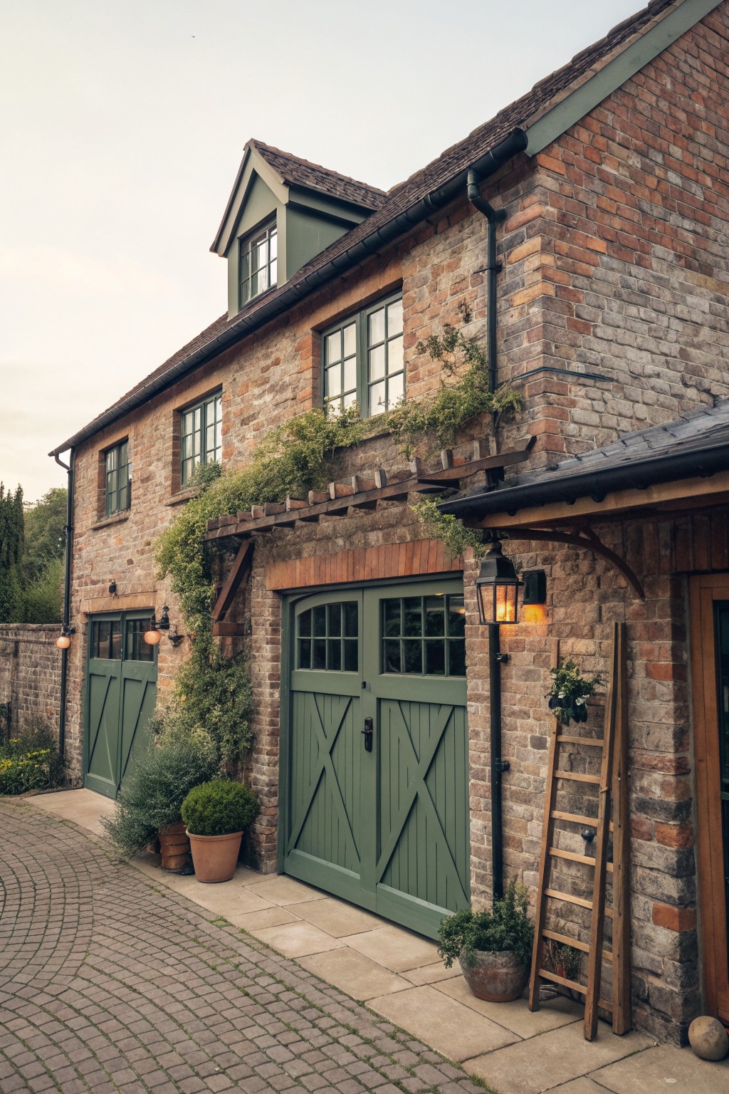 Rustic brick building with green doors, climbing vines, potted plants, and wooden ladder.