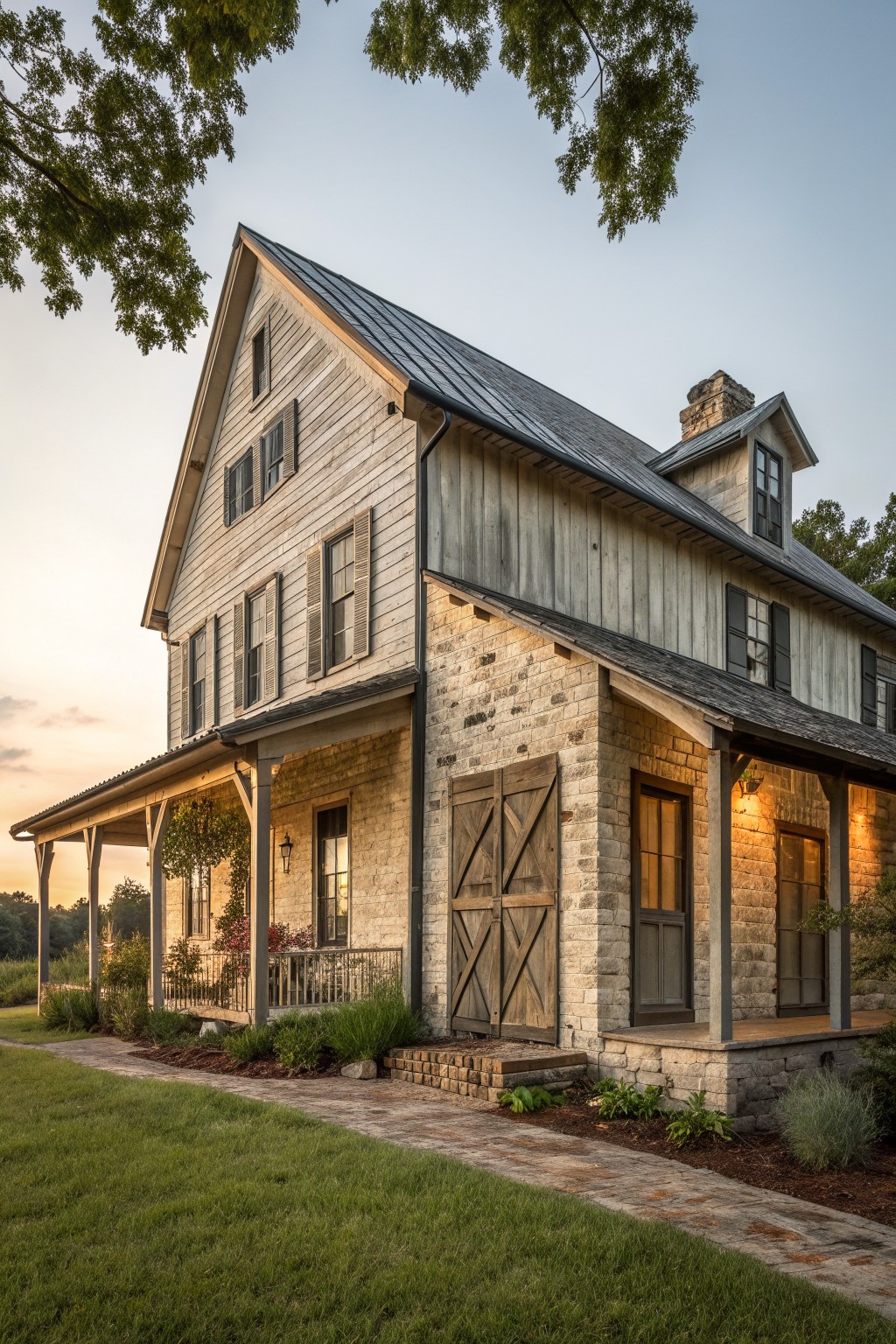 A two-story farmhouse exterior with stone on the lower walls and white wood siding on the upper level, double barn doors at the entry, and a metal roof.