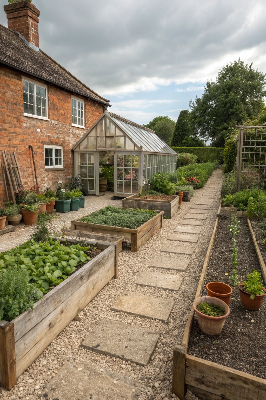 Garden with raised beds, greenhouse, stone path, and brick house under clouds.
