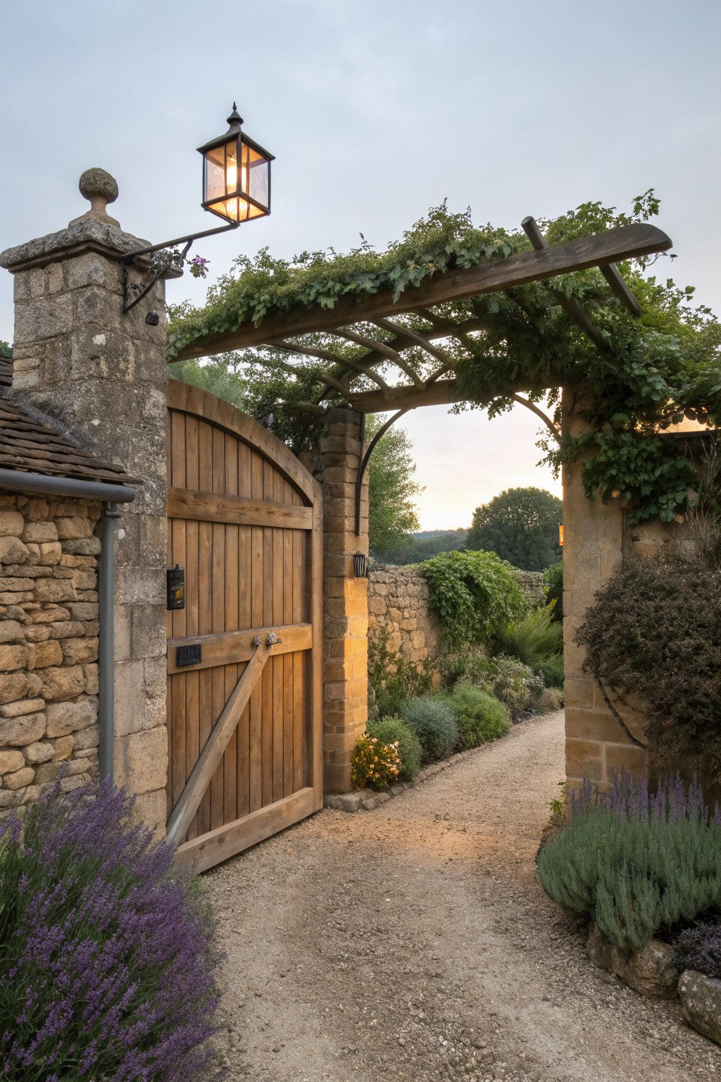 A wooden gate between stone pillars sits under a vine-covered wooden arch along a gravel path, with a lantern mounted on the left pillar.