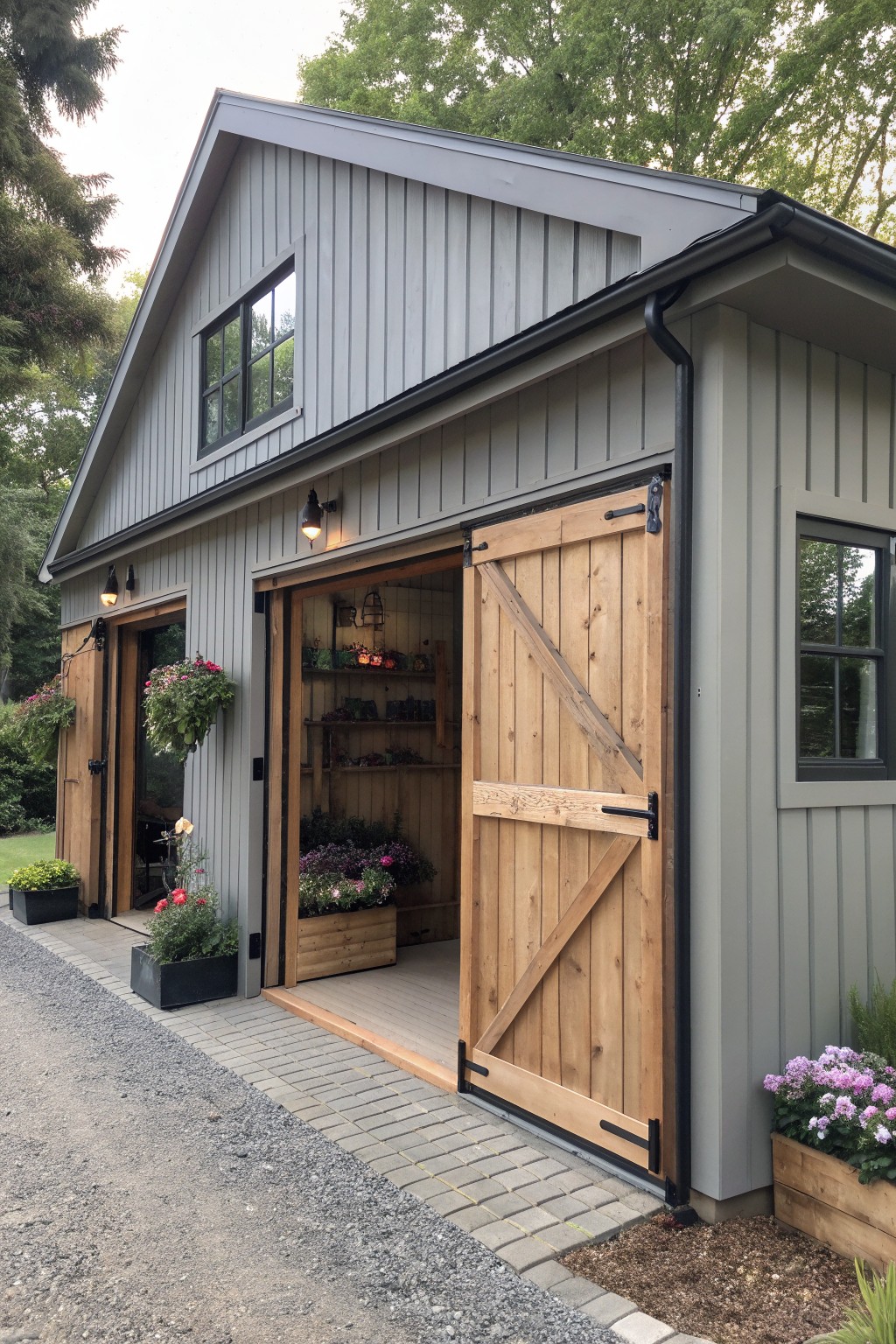 A gray house exterior with a large wooden sliding barn door open to show interior shelves and potted plants along the paved walkway.