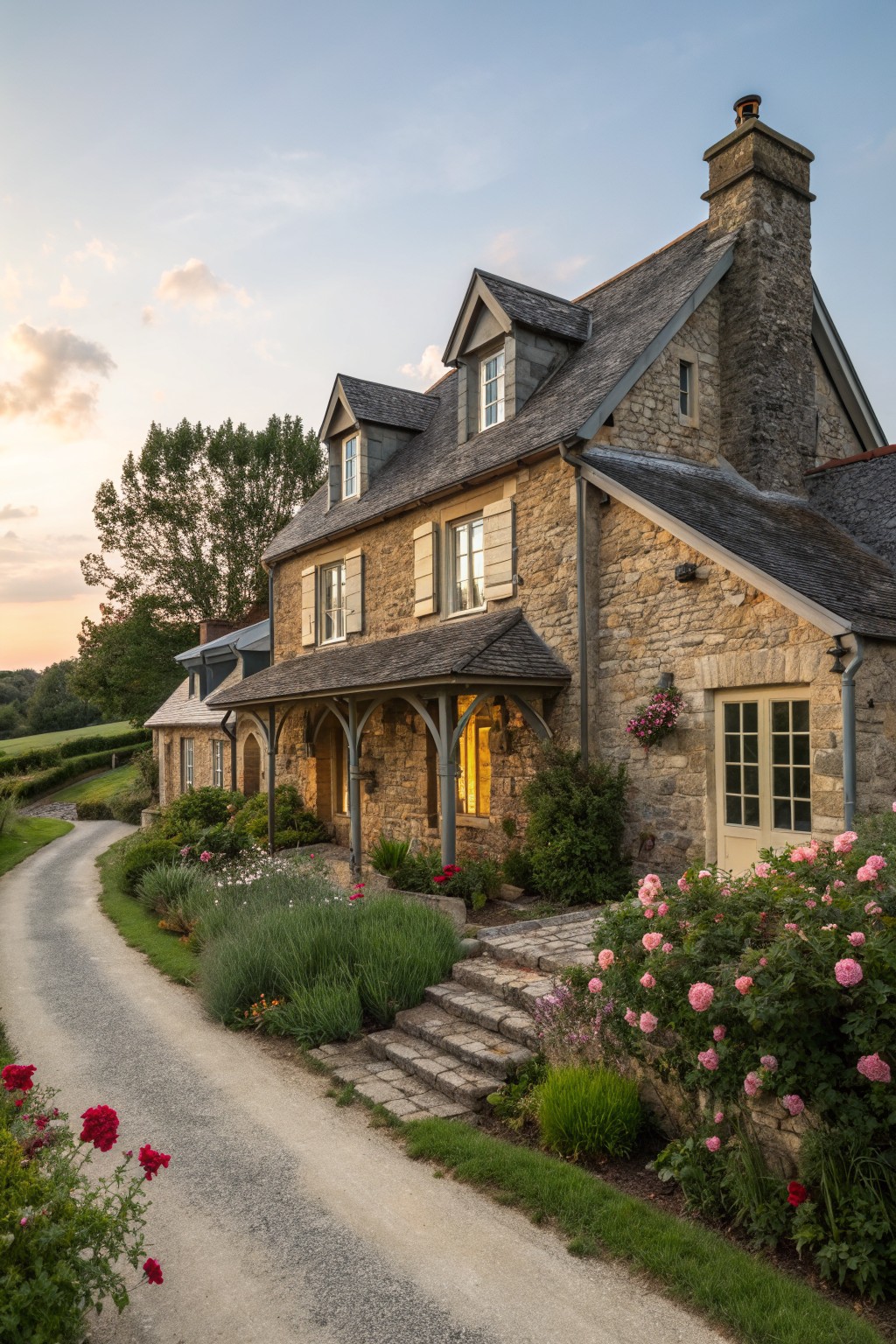 A two-story stone farmhouse with a slate roof, multiple dormers, a tall chimney, and a gravel path leading to stone steps flanked by pink roses.