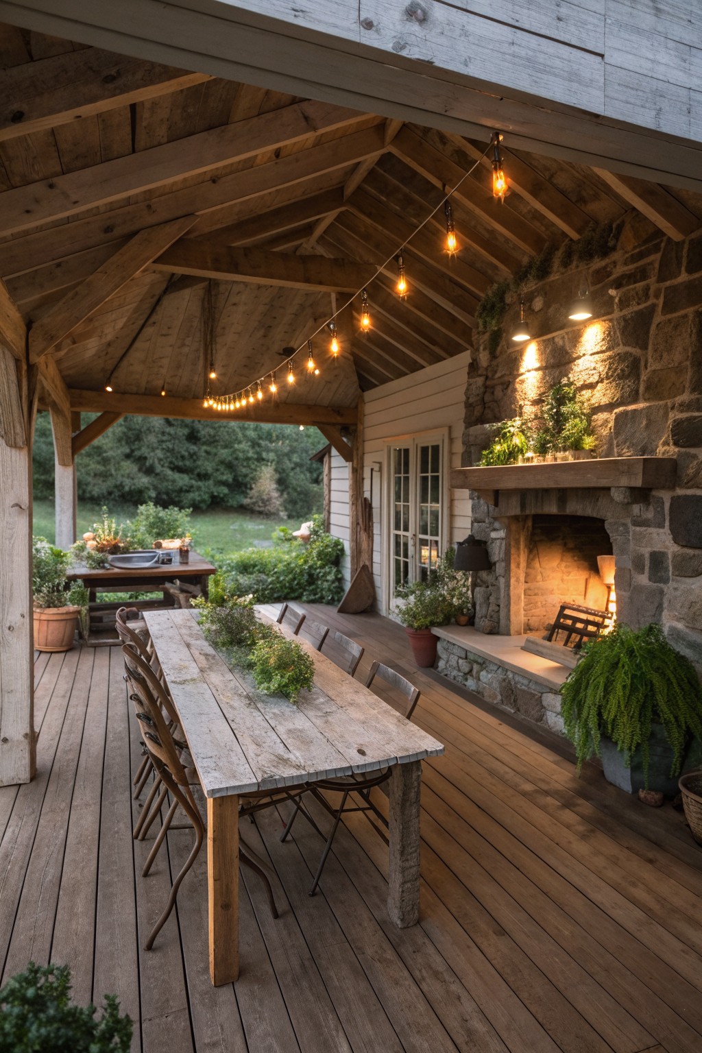 A rustic wooden porch with a long dining table, string lights overhead, and a large stone fireplace built into the right side.