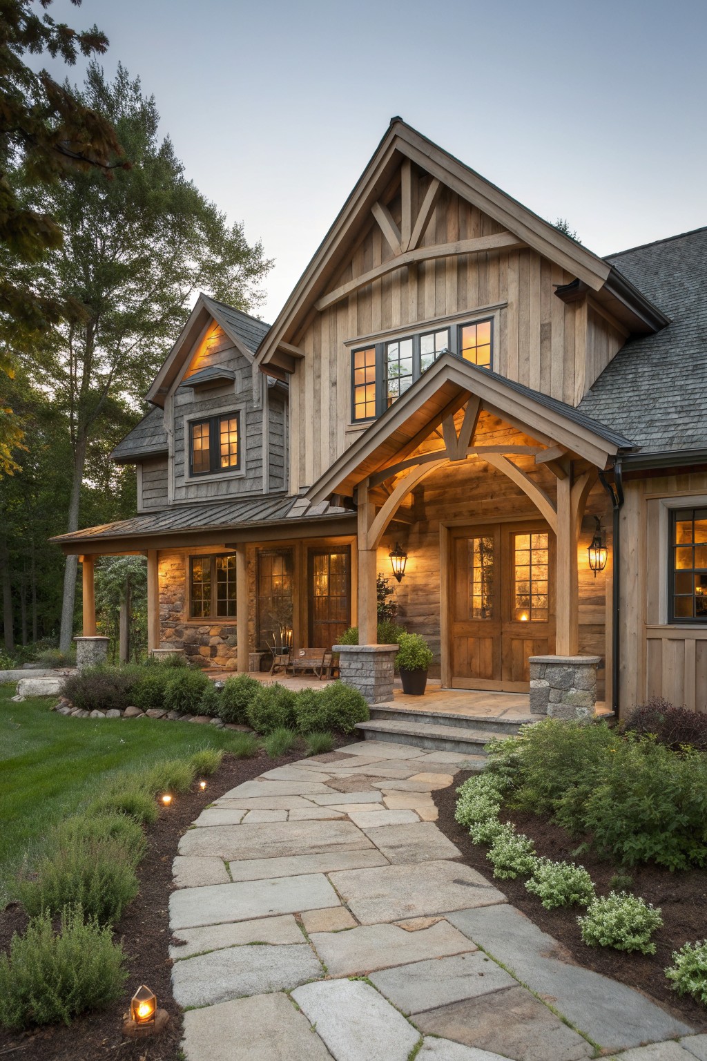 Rustic wooden lodge with stone pathway, lit windows, and arched porch at dusk