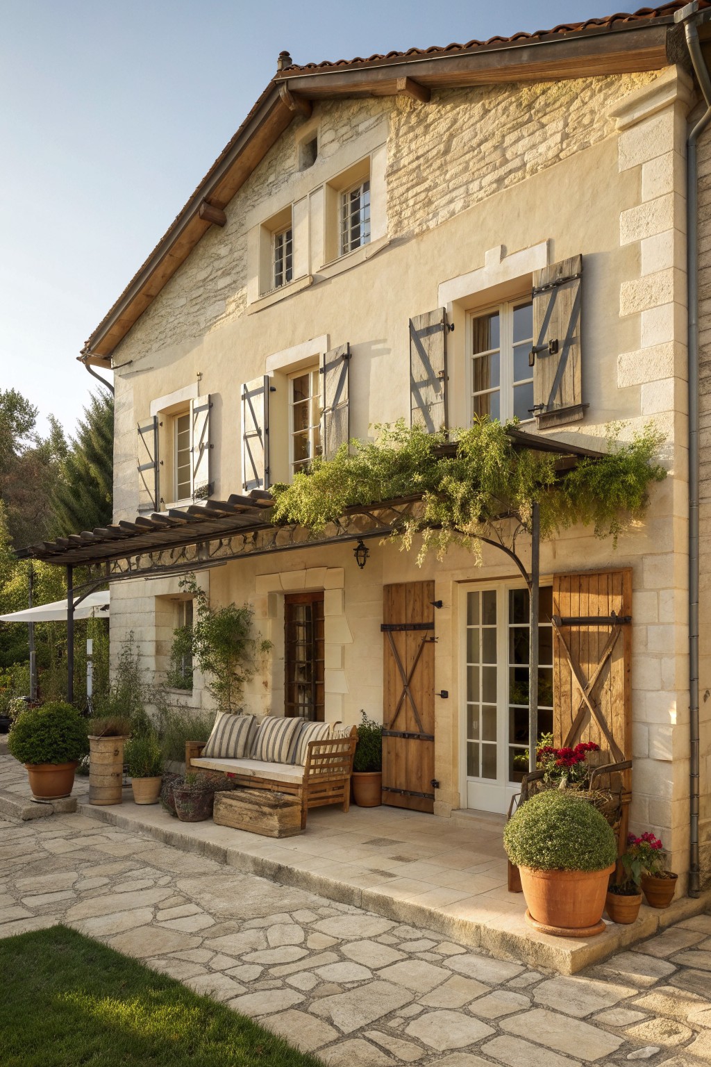 Stone farmhouse exterior with wooden shutters on multiple windows, wooden doors, climbing vines on a pergola, and potted plants along a paved patio.