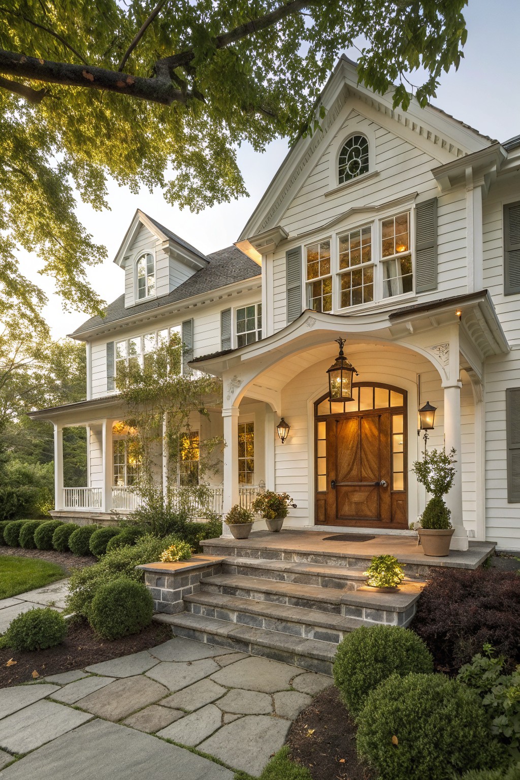 A white Victorian farmhouse with a wooden front door centered under a white arched portico, stone steps, and a stone walkway in the foreground.