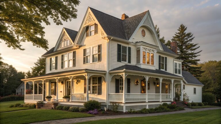A two-story white Victorian farmhouse with green shutters, dark shingled roof, and decorative gingerbread trim on multiple gables and the front porch.