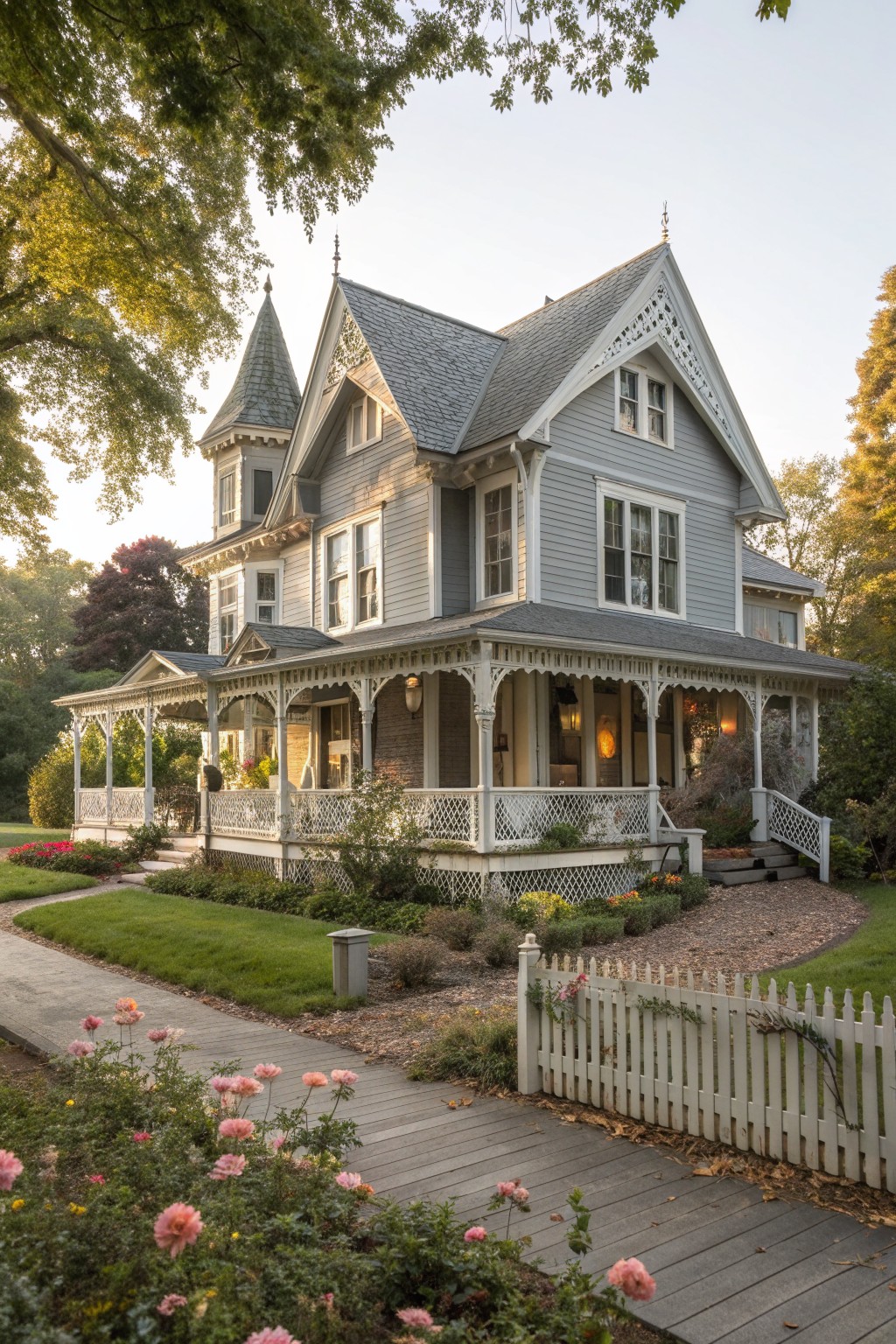 A light blue Victorian farmhouse with white gingerbread trim along the gables and wraparound porch, set in a landscaped yard with a white picket fence and wooden walkway.