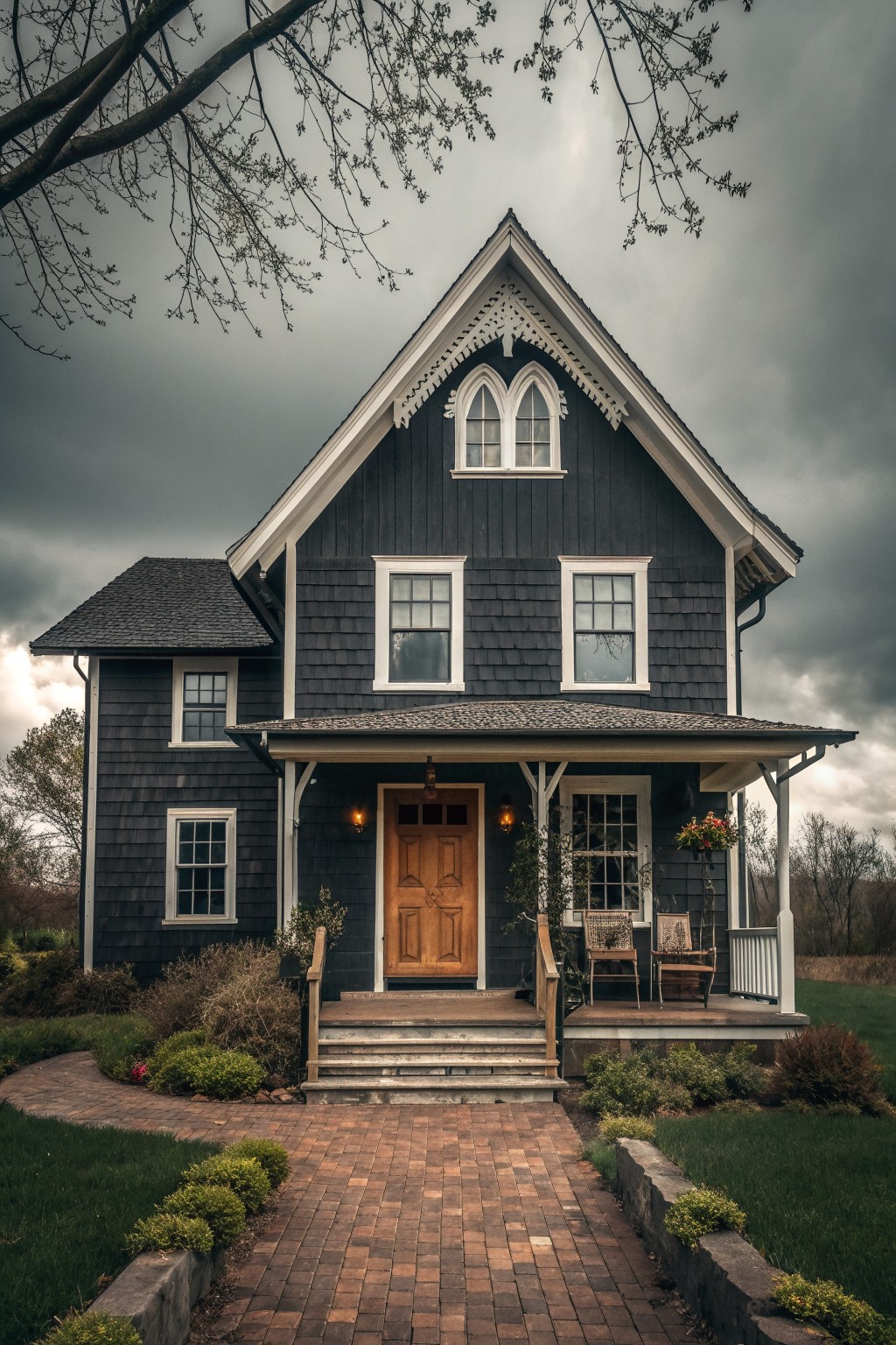 Dark Victorian house with arched windows, wooden door, porch chairs, and brick walkway.