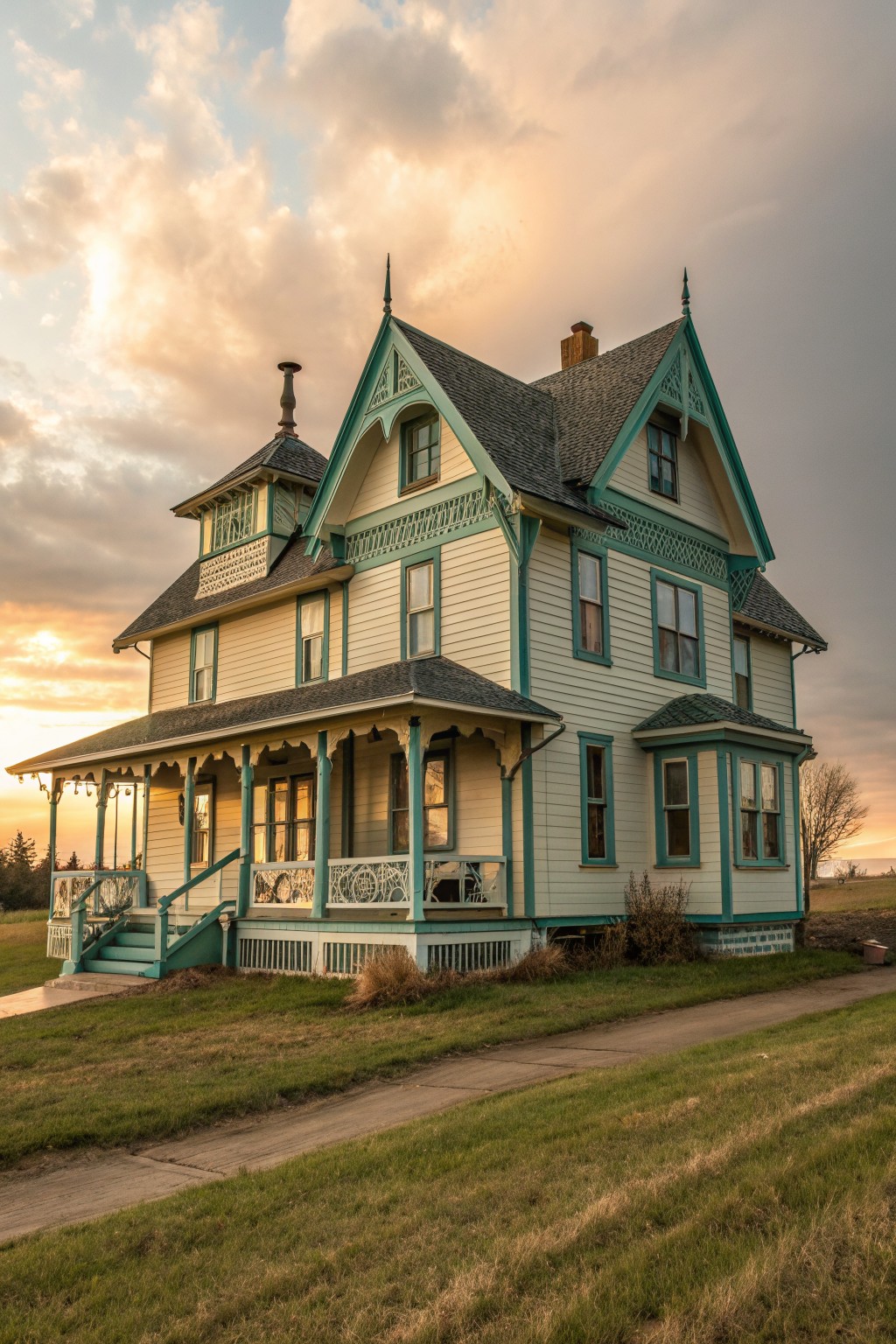 Ornate Victorian house with yellow siding, teal trim, and wraparound porch at sunset.