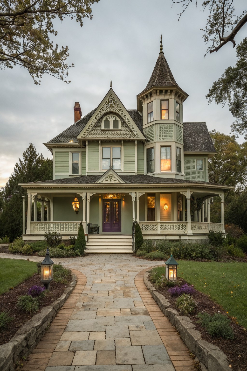 Victorian house with light green siding, turret, purple door, and stone path