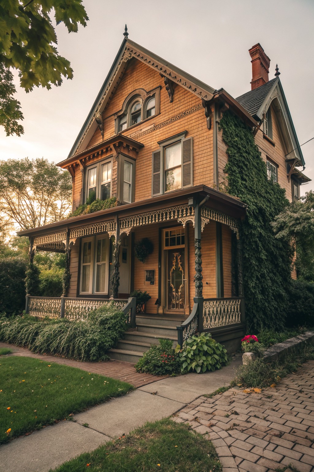 Ornate Victorian wooden house with ivy, decorative porch, and brick pathway