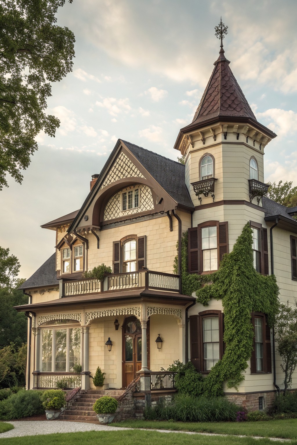 A two-story Victorian farmhouse with cream siding, dark shutters, a wraparound porch with white gingerbread trim, and a corner tower with a steep roof.